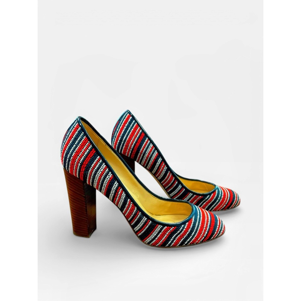 J.Crew Made in Italy Textured Striped Pumps – Sz 8.5 Red‎ navy white Round Heels